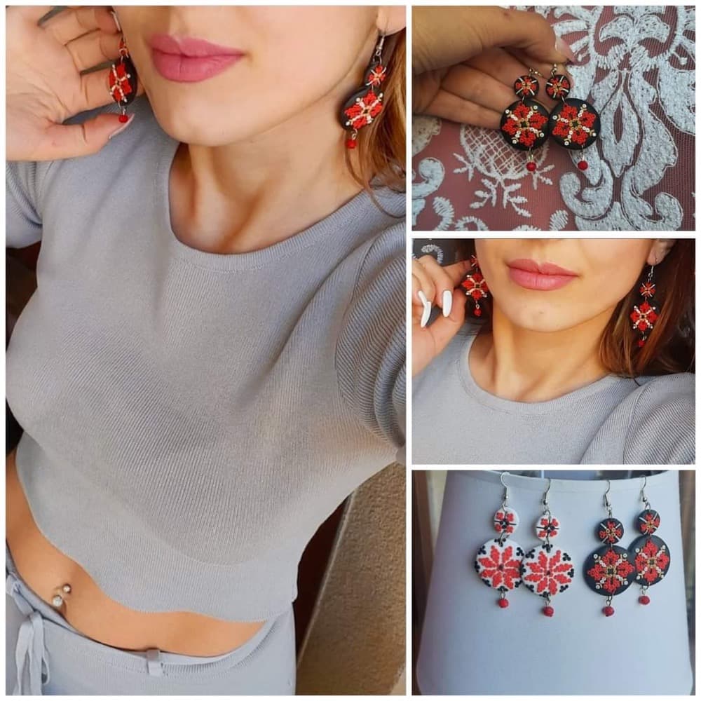 Red Folk Cross-Stitch Earrings